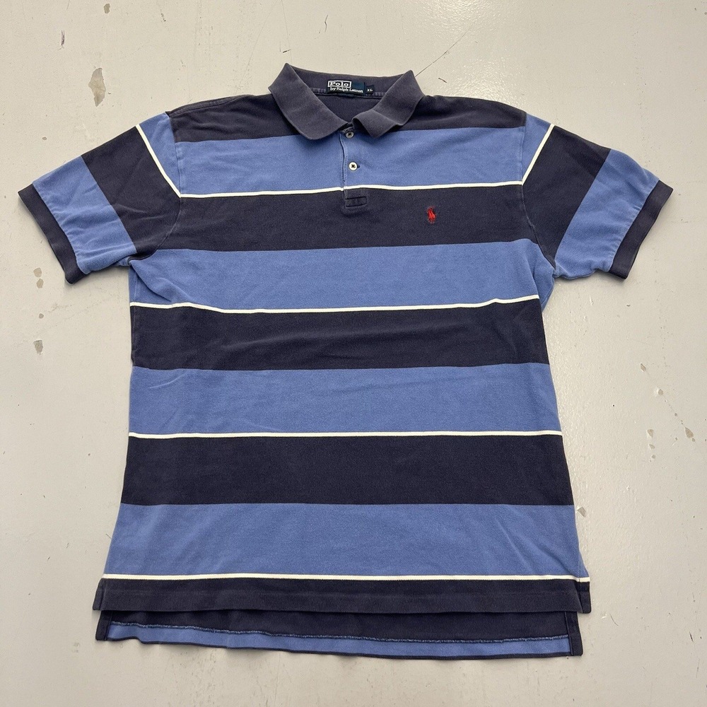 Polo Ralph Lauren Mens XL Blue Striped Short Sleeve Cotton Polo Shirt Navy